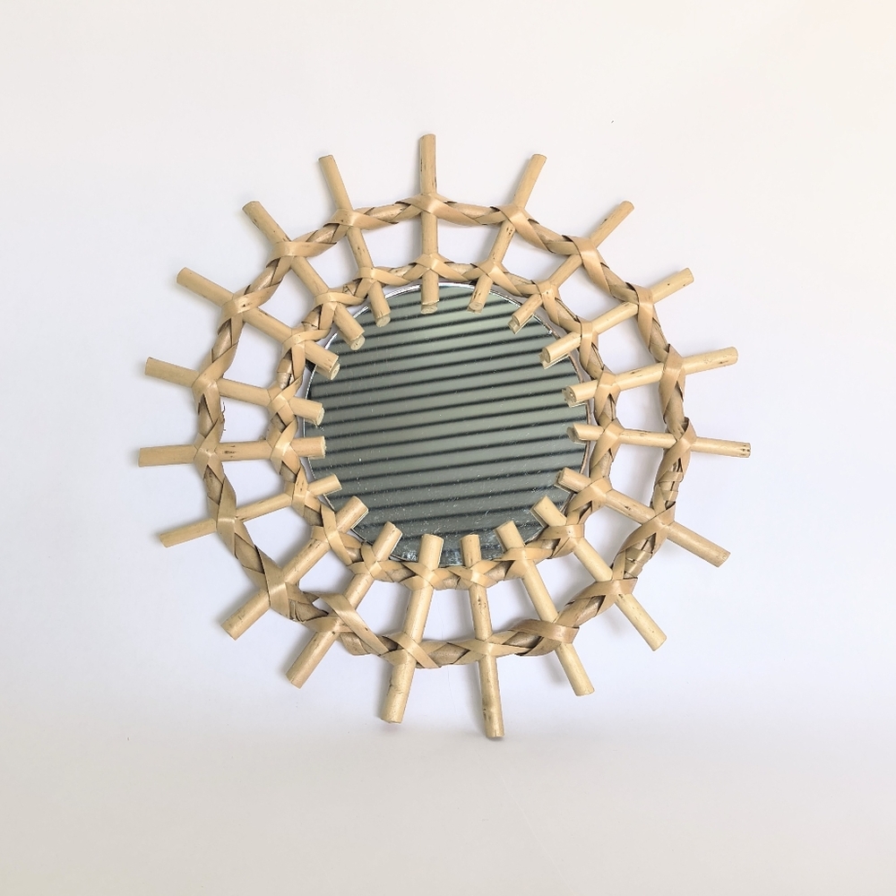 BOHO Natural Bamboo Rattan Sunburst Wall Mirror 11" Round - Picture 3 of 6